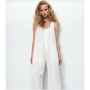 NEW! Zara Wide Leg Relaxed Fit Denim Jean Jumpsuit Fringe Detail White SZ M